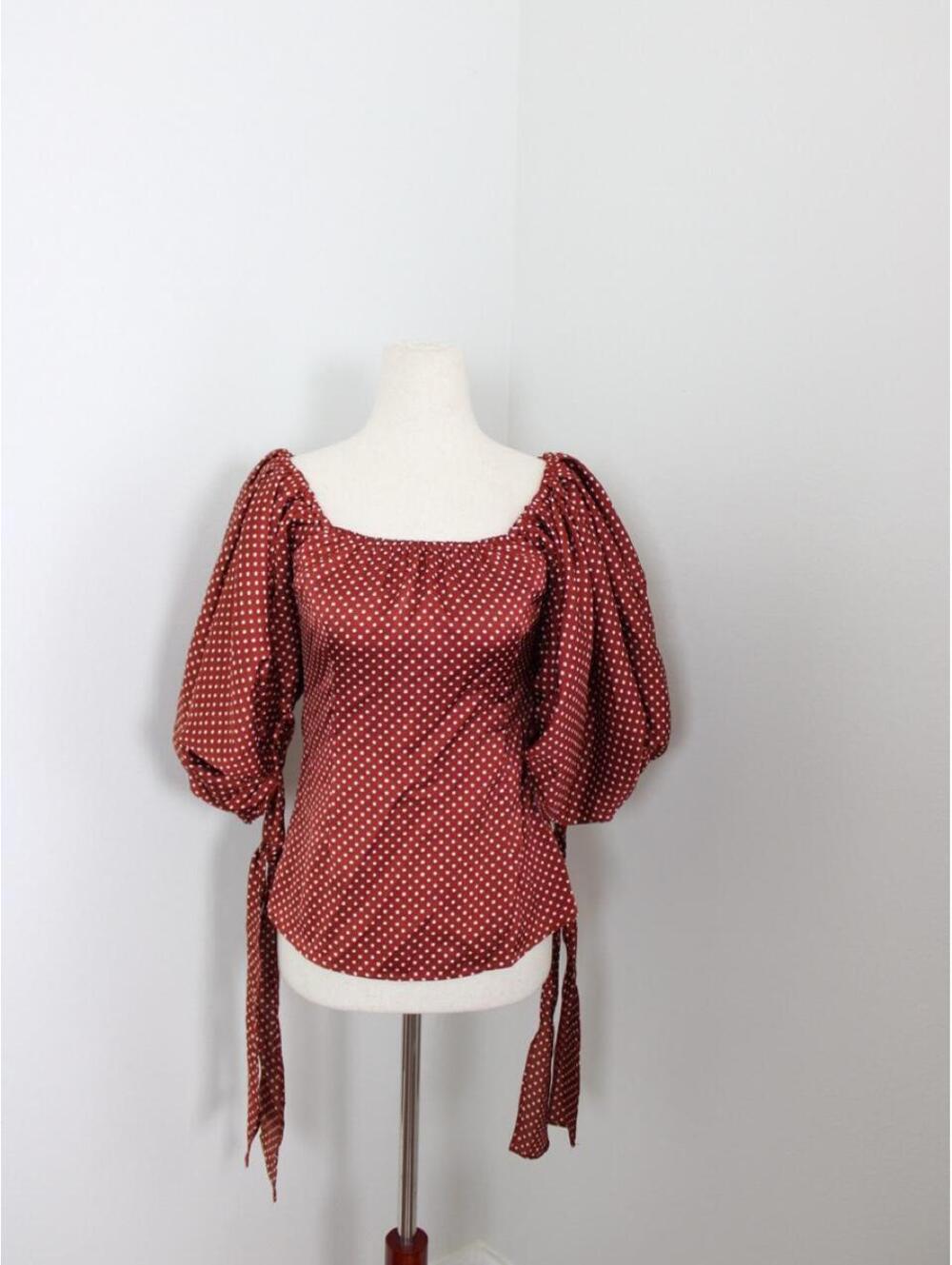 J Roberts red polka dot blouse with puff sleeves and tie detail. Size S